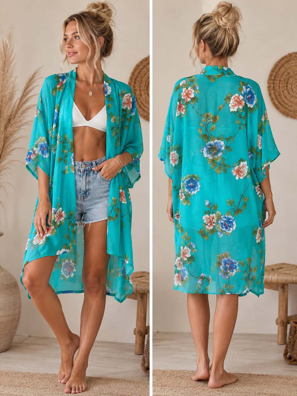 Forever 21 Teal Floral Chiffon Kimono Cover-Up Size S
M147